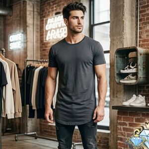 PacSun Men’s Small Slim Fit Longline Tee Charcoal Grey Split Hem Streetwear